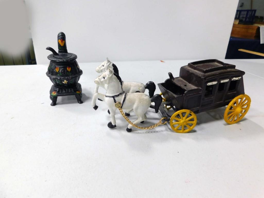 Vintage Cast Iron Stagecoach and a Cast Iron Potbelly: Vintage Cast Iron Stagecoach and a Cast Iron Potbelly Stove Toys