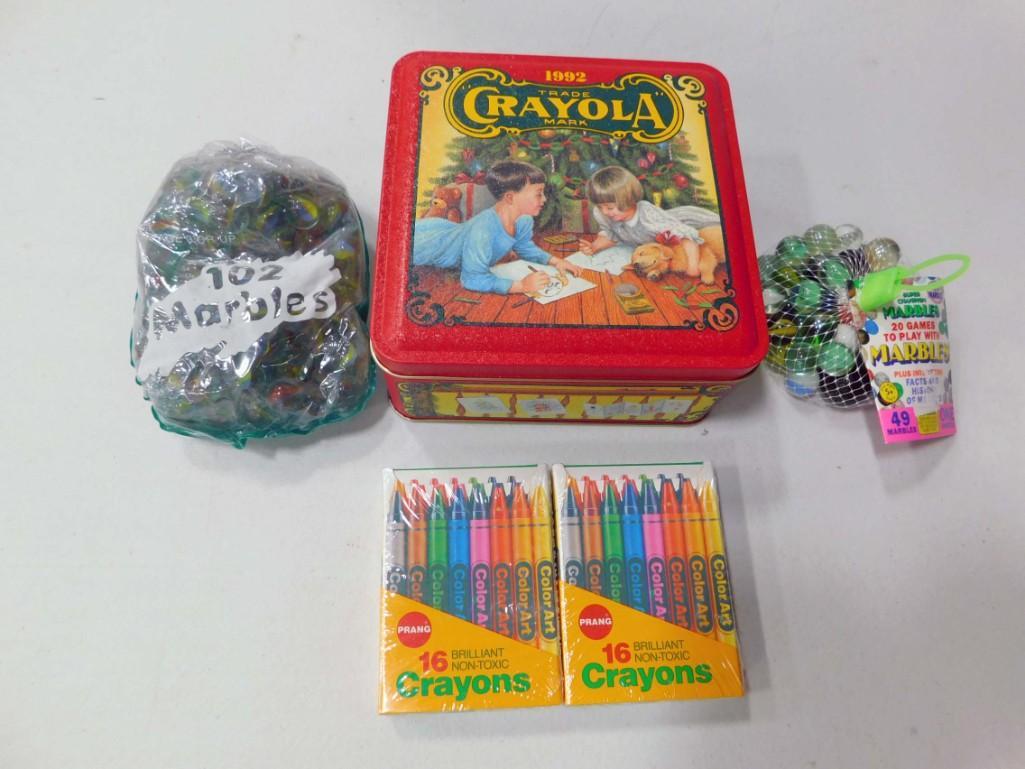 Marbles, Unopened Crayons , Crayola Tin: Marbles, Unopened Crayons , Crayola Tin