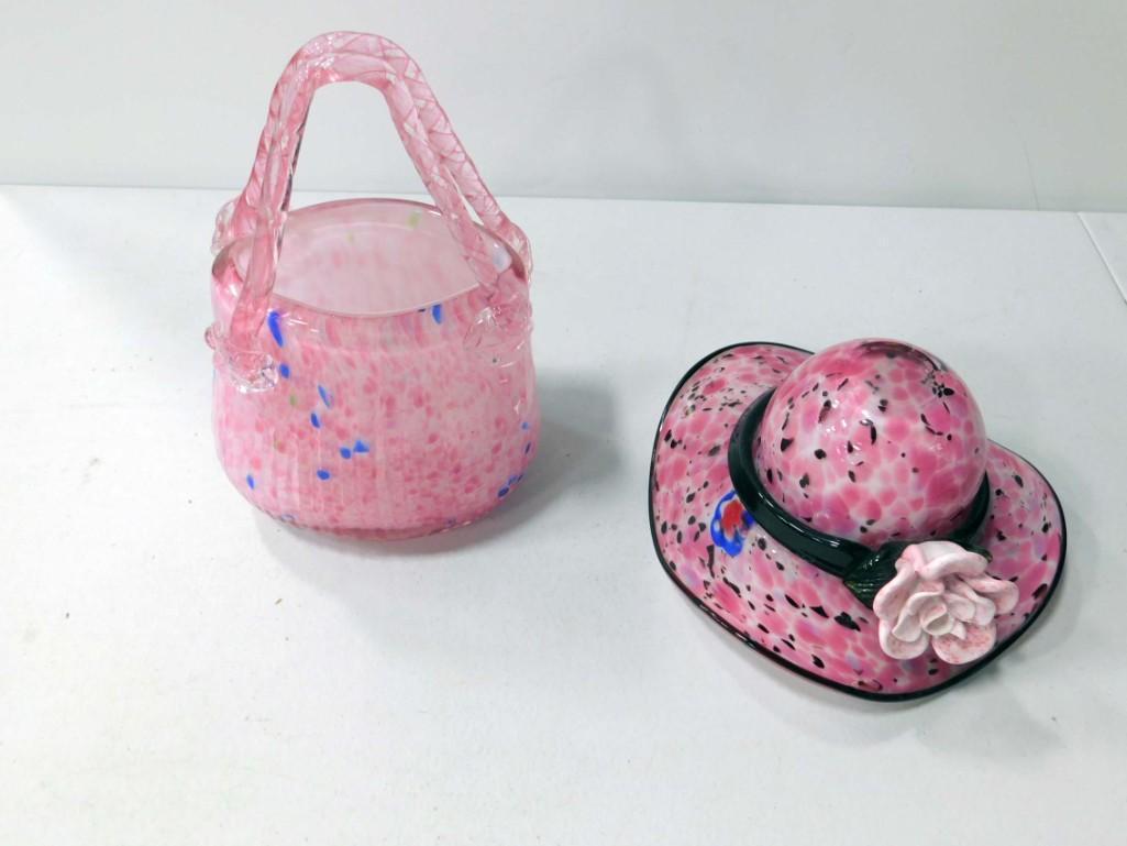 Art Glass Purse Vase and Hat Bowl: Art Glass Purse Vase and Hat Bowl