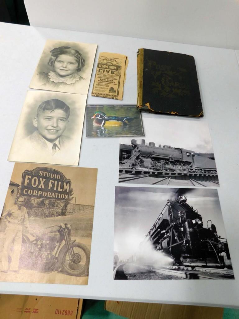 Lot of Vintage Photos and Ephemera: Lot of Vintage Photos and Ephemera incl Train Photos , Postcard Album , 2 children's pictures , Wood Duck postcard , picture of fox film studios