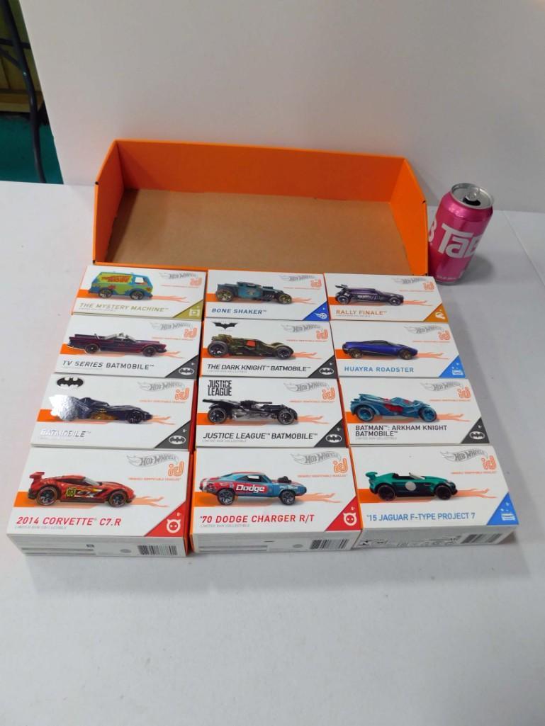 12 Hot Wheels ID Cars incl Scooby Doo Mystery Machine: 12 Hot Wheels ID Cars Incl 2014 Corvette C7R , Scooby Doo Mystery Machine , TV Series Batmobile , Batmobile , 1970s Dodge Charger , Dark Knight Batmobile , Justice League Batmobile , Bone Shaker