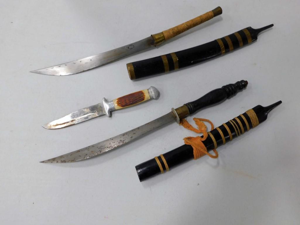 Lot of 3 Knives incl 2 Asian Knives with Scabbards and (1 of 2)
