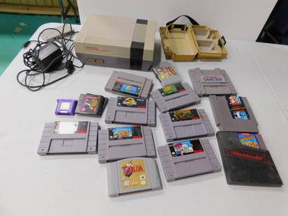 Vintage Nintendo System with 13 Games including SNES: Vintage Nintendo System with Super Mario / Duck Hunt, Duck Tales. Also includes SNES games Super Mario Cart, Mario World, Mario Paint, Super Game Boy, Super Tennis, Jurassic Park, NHL Hockey. Also inc