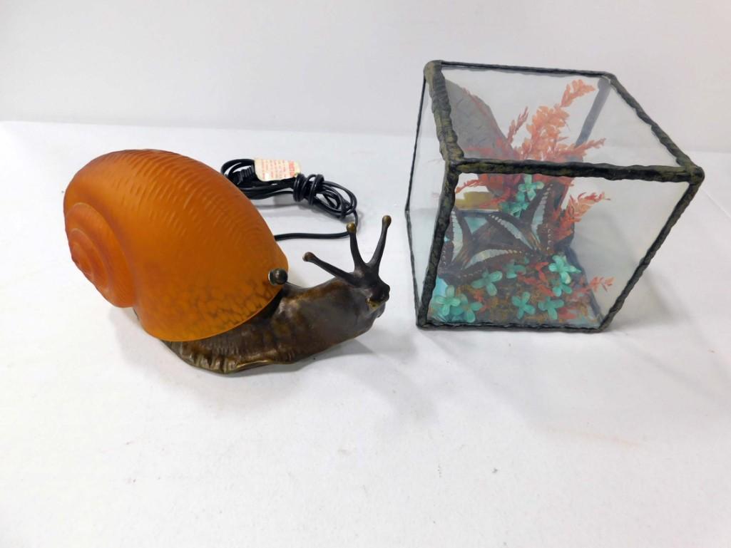 Brass and Glass Snail Lamp and a Butterfly in a Glass (1 of 5)