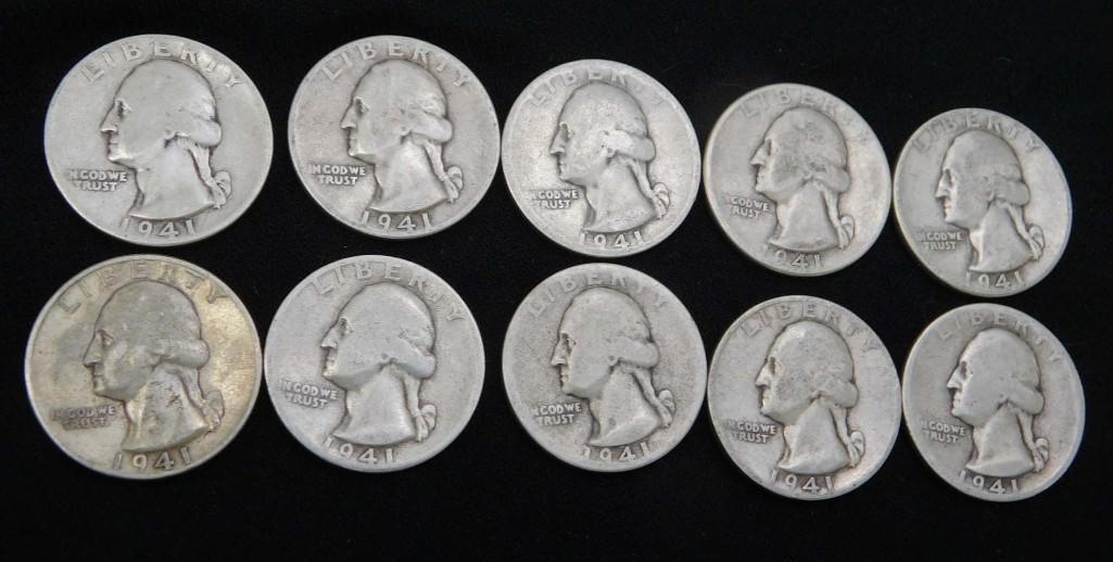 10 Nice 1941 Washington Quarters 90% Silver (1 of 2)
