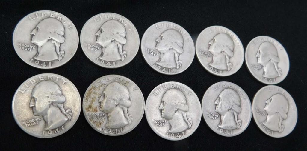 10 Nice 1941 Washington Quarters 90% Silver (1 of 2)