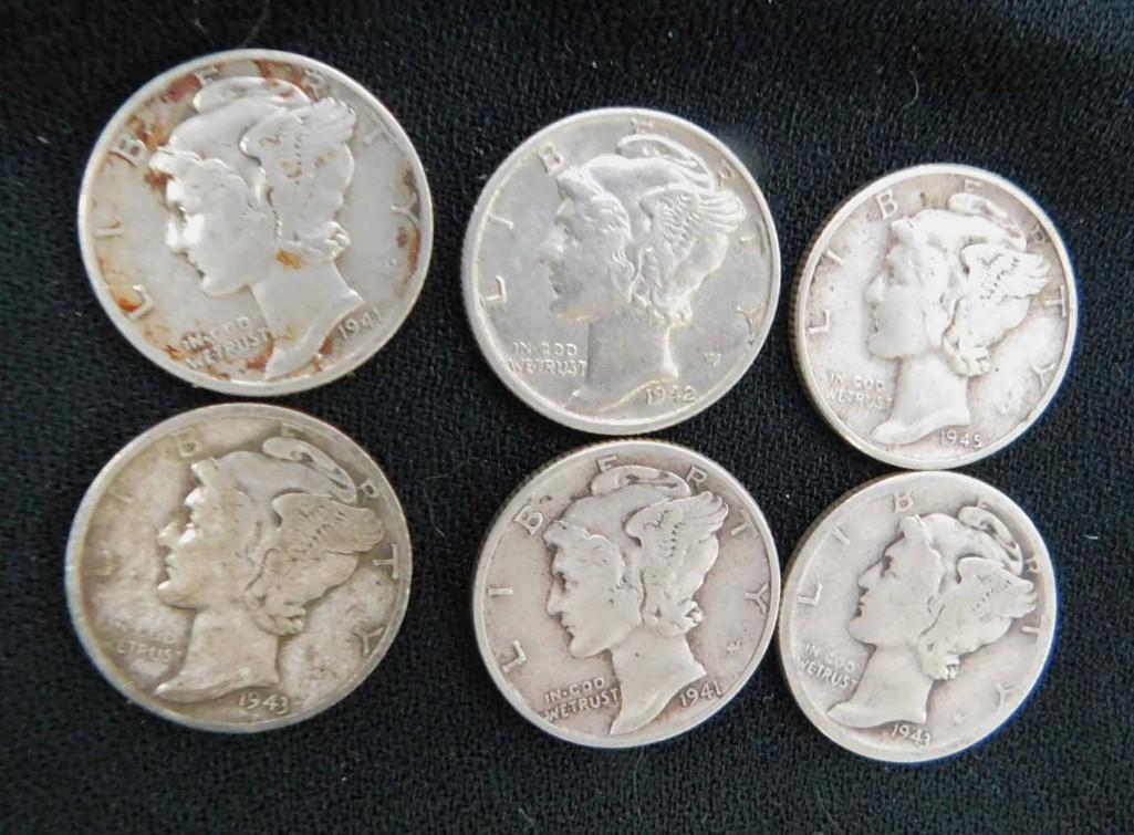 6 Mercury Dimes 90% Silver (1 of 2)