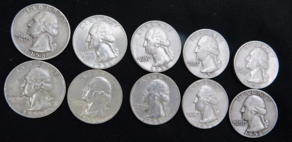 10 Nice 1958 Washington Quarters 90% Silver (1 of 2)
