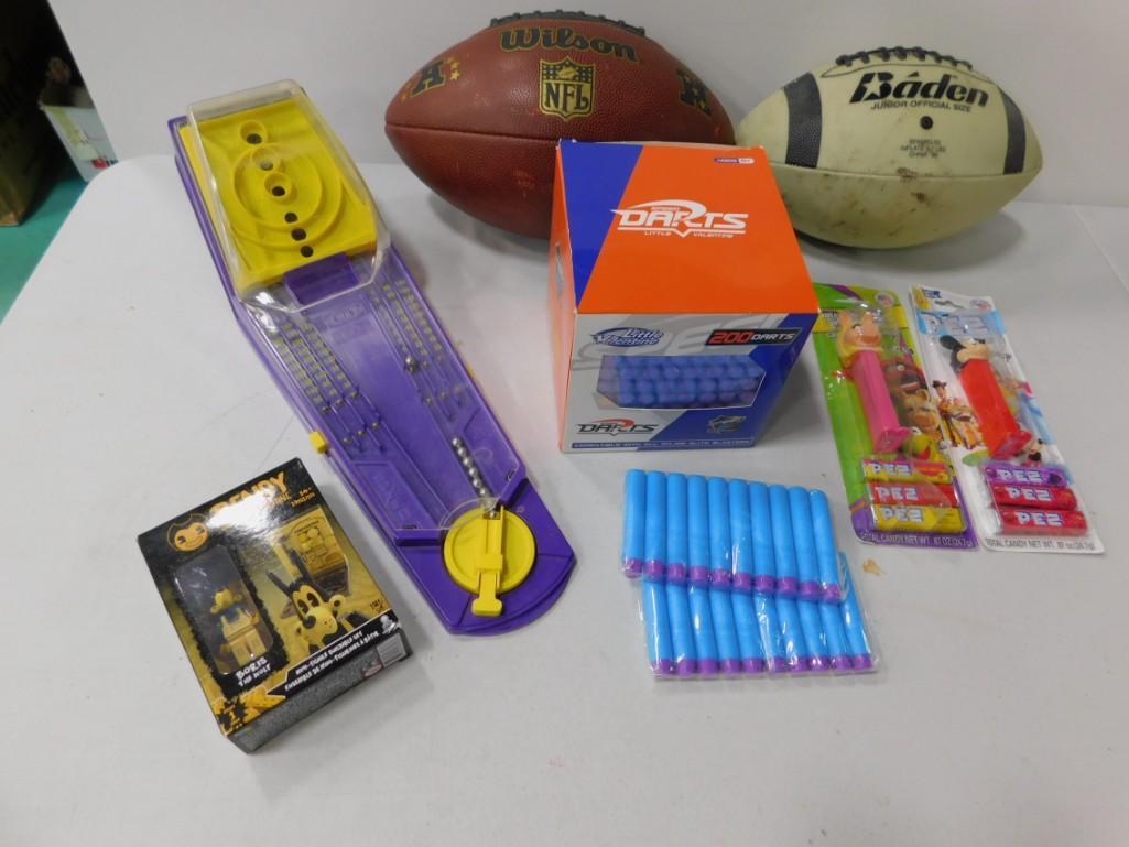 200 Speed Darts , Boris the Fox Figure , 2 Pez Mickey: 200 Speed Darts , Boris the Fox Figure , 2 Pez Mickey and Miss Piggy , Night Brite Kids Football , Small Pinball Game , Wilson NFL Football