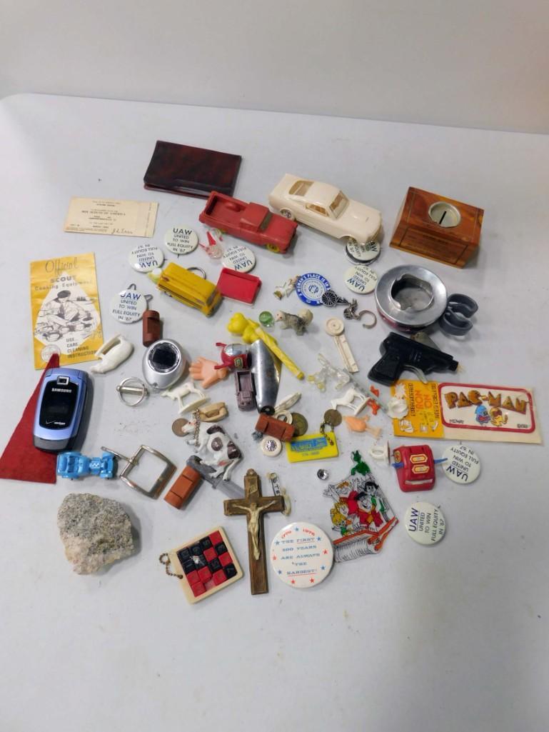 Lot of Smalls incl Toy Cars and Trucks , Flip Phone ,: Lot of Smalls incl Toy Cars and Trucks , Flip Phone , Pac Man Patch , Toy Cap Gun , etc