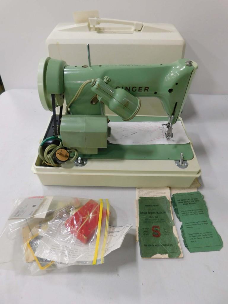 Singer Sewing Machine #66 Mint Green Portable Made in: Singer Sewing Machine #66 Mint Green Portable Made in Canada . Power cord is taped . Untested
