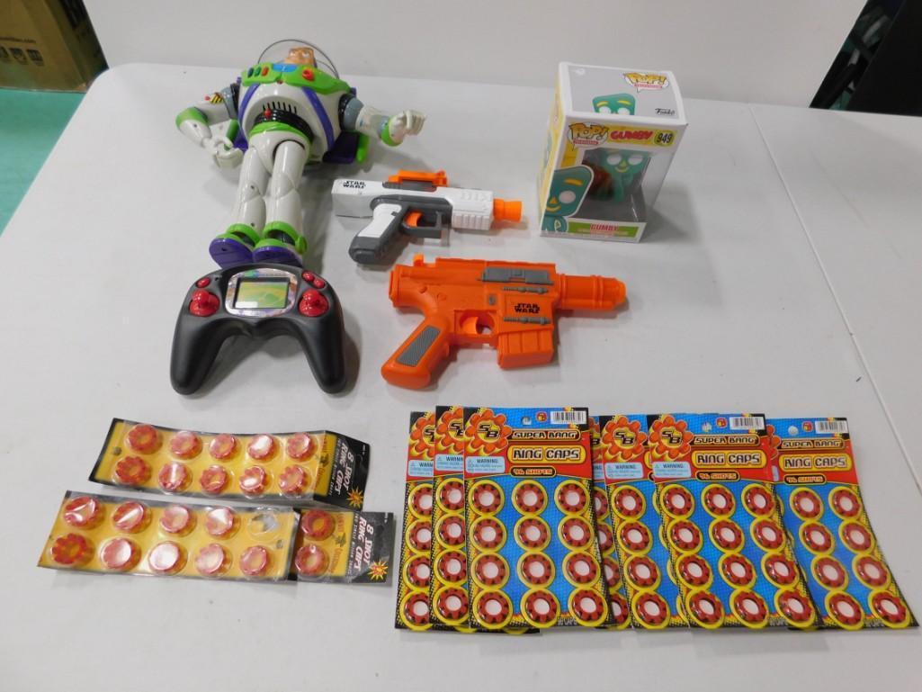 Buzz Lightyear Figure , Funco Gumby , 2 Star Wars: Buzz Lightyear Figure , Funco Gumby , 2 Star Wars Blasters , Grand Slam Baseball Game , 8 Ring Caps ,