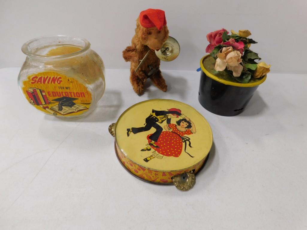 Vintage Working Wind Up Monkey , Old Metal Flowers: Vintage Working Wind Up Monkey , Old Metal Flowers Music Box , Fish Bowl , Children's Tambourine ,