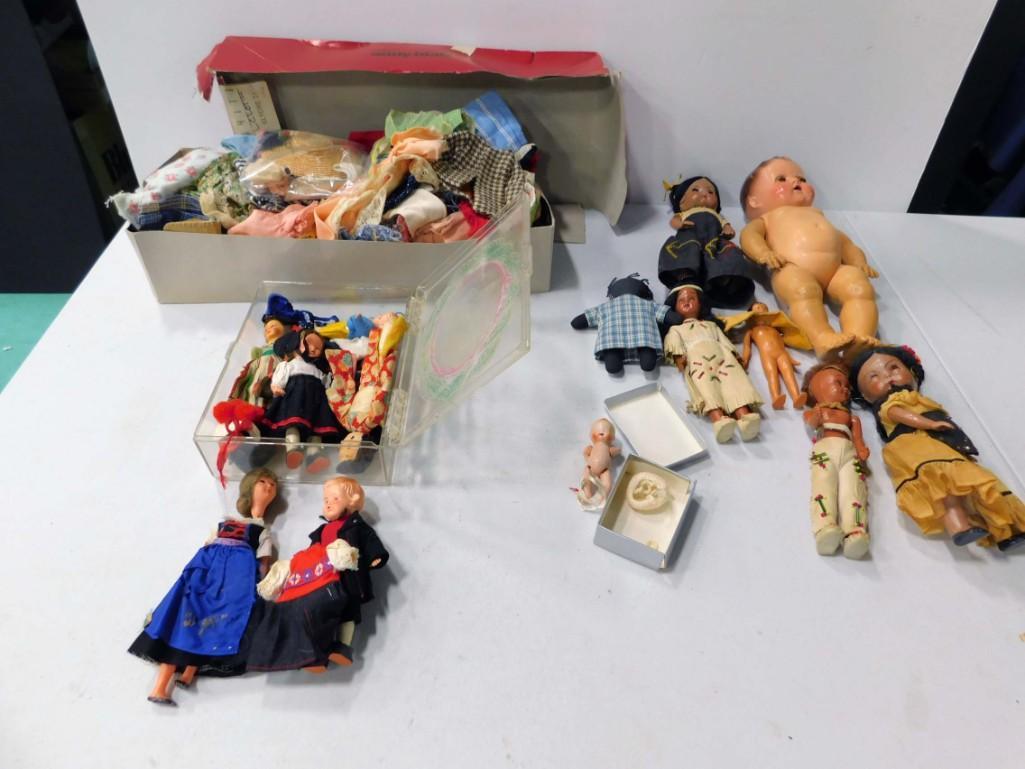 Lot of Old Dolls and Doll Clothes , Mostly Small Dolls: Lot of Old Dolls and Doll Clothes , Mostly Small Dolls, Larger Doll has some Cracks in the Head. The nude baby appears to be a 1940s Ideal Betsy Wetsy. There are some vintage Japan bisque dolls, 8" ha