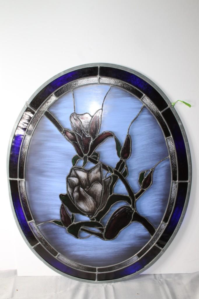 Stained Glass Oval Window Panel with Flowers (1 of 4)