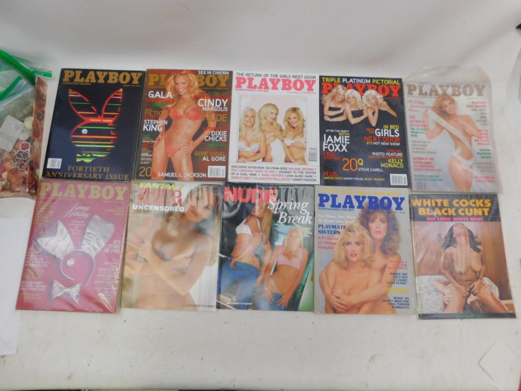 Lot of 9 assorted Playboy Magazines and an adult: Lot of 9 assorted Playboy Magazines and an adult magazine, includes 40th anniversary, Nude Spring Break, Fantasy Photo Album uncensored, White Cocks Black Cu..., etc