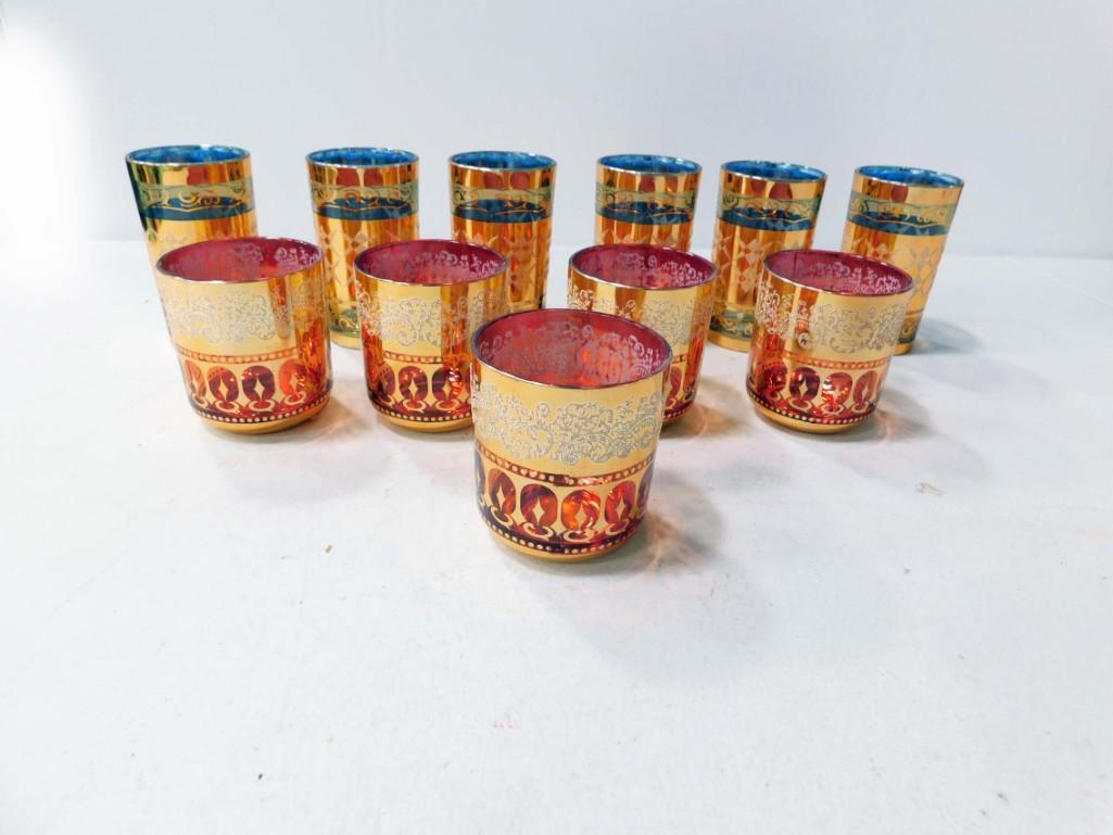 11 Mid Century Gold Gilt Bar Glasses incl 5 Low Ball: 11 Mid Century Gold Gilt Bar Glasses incl 5 Low Ball Glasses and 6 Blue High Ball Glasses