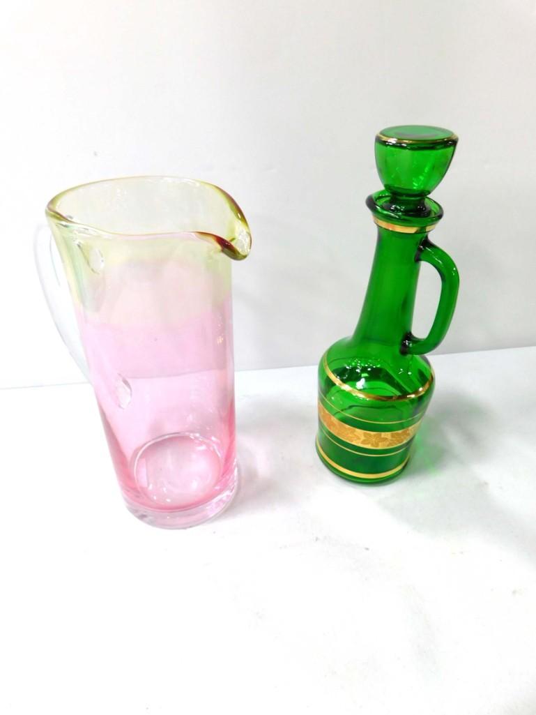Glass Lot incl Art Glass Iridescent Martini Pitcher and: Glass Lot incl Art Glass Iridescent Martini Pitcher and a Vintage Gold Gilt Green Decanter