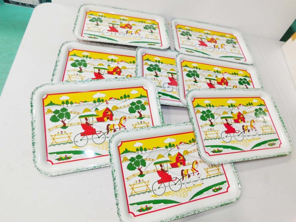 Set of 8 Vintage Metal Trays with a Farm Scene (1 of 3)