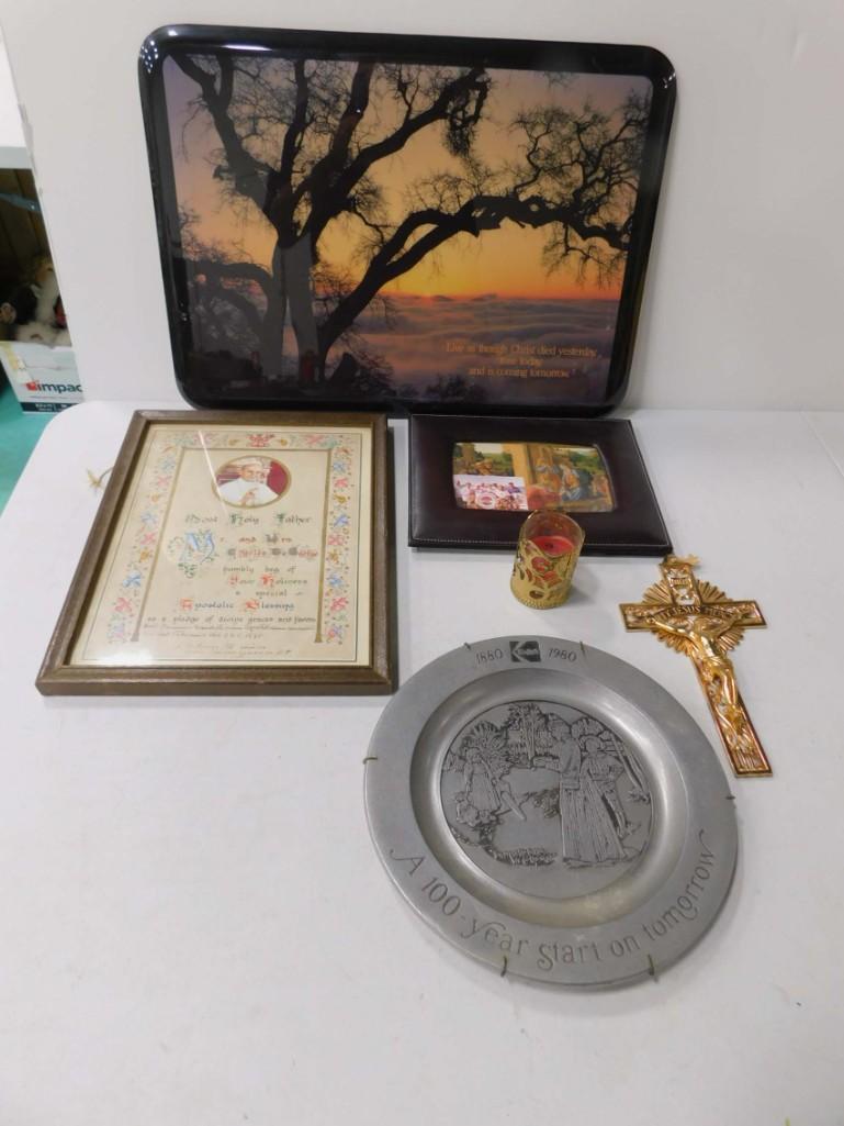 Misc Lot incl Framed Print of a Pope , Metal Kodak (1 of 5)