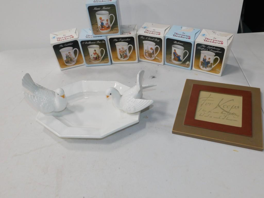 8 Norman Rockwell Coffee Mugs New in Box plus a Wall: 8 Norman Rockwell Coffee Mugs New in Box plus a Wall Hanging and a House of Goebel Dove Platter