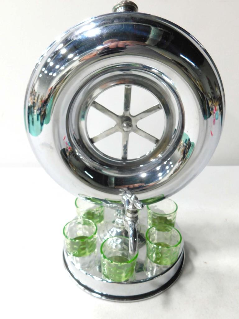 Vintage Metal Wheel Bar Set incl 6 Green Glass Shot (1 of 3)