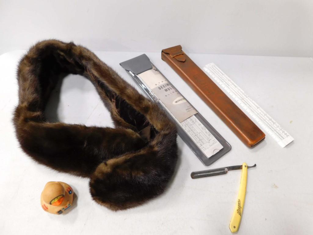 Vintage Straight Razor , Fur Collar , Slide Rule with (1 of 4)