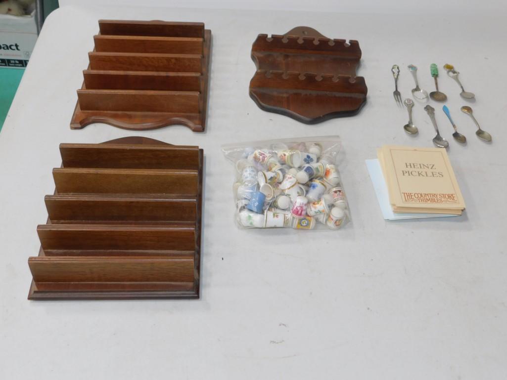 Carved Wood Spoon Display with 8 Spoons , 2 Thimble (1 of 7)