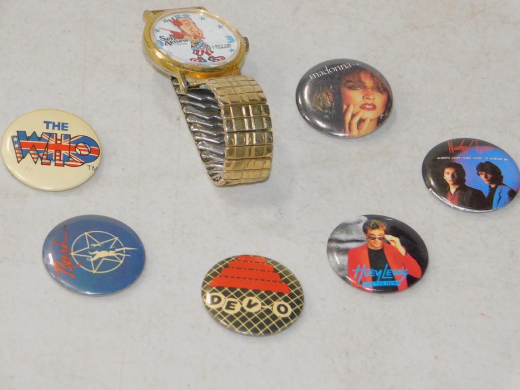 Rock Band Buttons incl The Who , Rush , Devo , Naked: The Who , Rush , Devo , Naked Eyes , Madonna Huey Lewis and the News Buttons and a Spiro Agnew Watch - Works