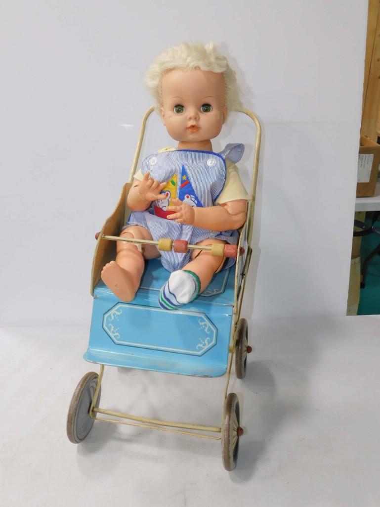 VTG 1960s Uneeda 20" Jointed Doll with 1950s Metal: Vintage 1960s Uneeda 20" Jointed Doll with 1950s Metal Stroller Marked Superior