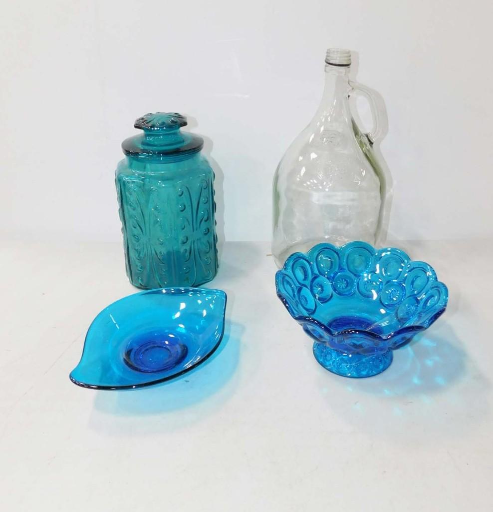 Lot of 4 Vintage Glass Items incl Viking and LE Smith: Lot of 4 Glass Items incl Viking , LE Smith , etc. Wine Jug , 2 Blue Bowls , 1 Blue Glass Jar