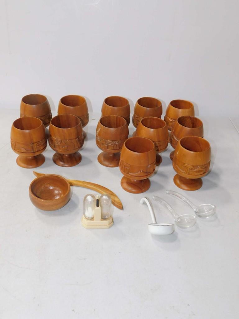 Lot of 12 Tropic Wood Tiki Stemware Glasses , Vintage: Lot of 12 Tropic Wood Tiki Stemware Glasses , Vintage Pepsal Salt and Pepper Shaker or Cellar , Wood Bowl , Glass Spoons ,