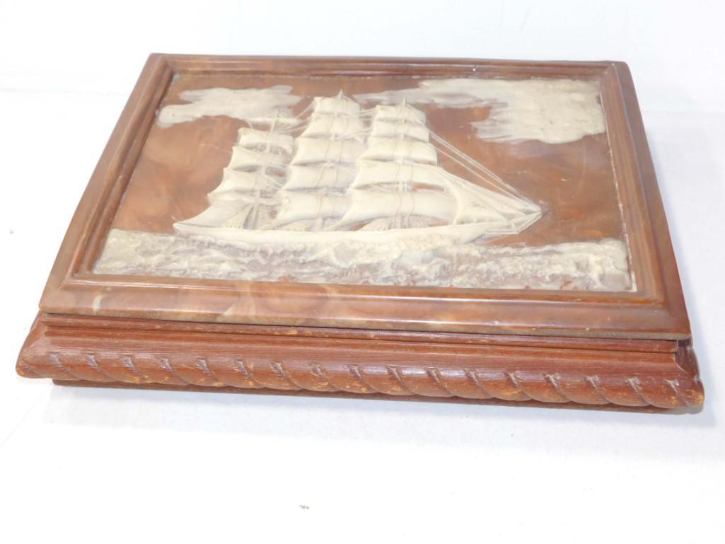 Vintage Jewelry Box with Clipper Ship Design and Ring (1 of 7)