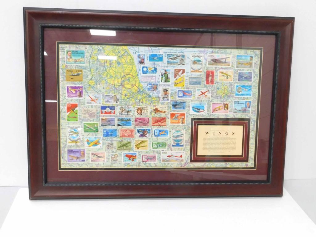 Framed Chicago "Wings" Stamp Art with Original: Framed Chicago "Wings" Stamp Art with original commemorative stamps from the United States and Europe honoring pioneers of flight, including Blanche Stuart Scott and Glenn Curtiss . Measures a