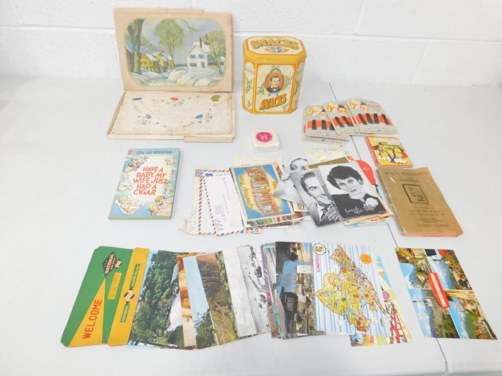Lot of Vintage Ephemera and Smalls incl Postcards,: Lot of Vintage Ephemera and Smalls incl Postcards, Advertising , Bobby Pins on Original Cards , etc
