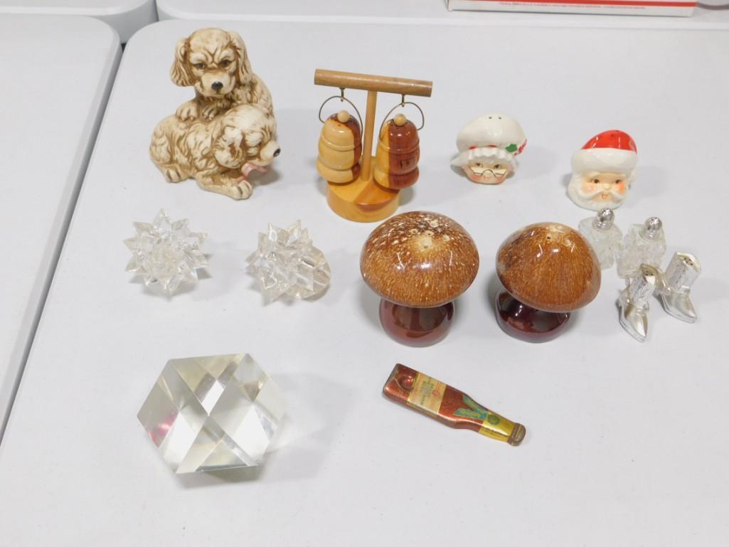 Vintage collectibles incl Mushroom Salt and Pepper: Vintage collectibles incl Mushroom Salt and Pepper Shakers , Crystal Paperweight , Dog Figure , PBR Bottle Opener , etc