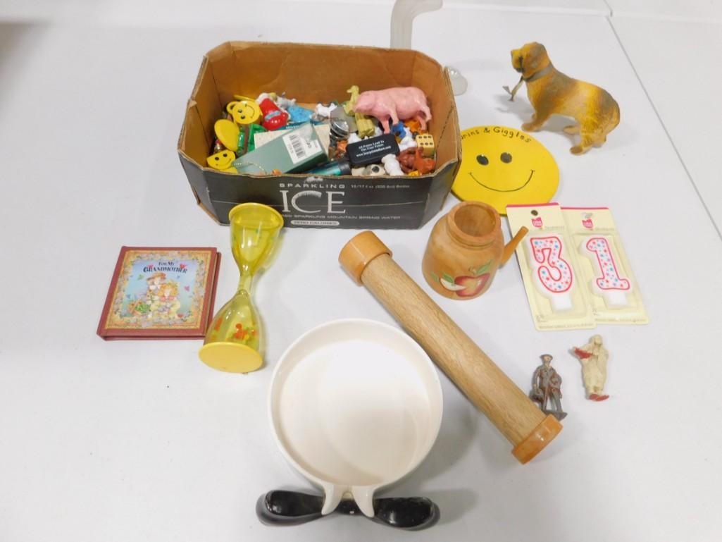 Lot of Smalls incl Lead Figures , Toy Figures , Ashtray: Lot of Smalls incl Lead Figures , Toy Figures , Ashtray , Dog , Cake Numbers, Kaleidoscope , Happy Faces , etc