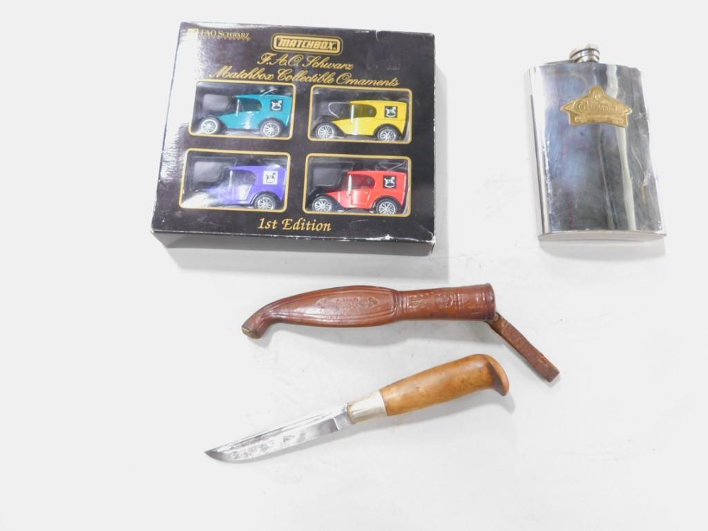 FAO Schwarz Matchbox Collectible Ornaments , Coleman: FAO Schwarz Matchbox Collectible Ornaments , Coleman Flask , Small Knife with Sheath