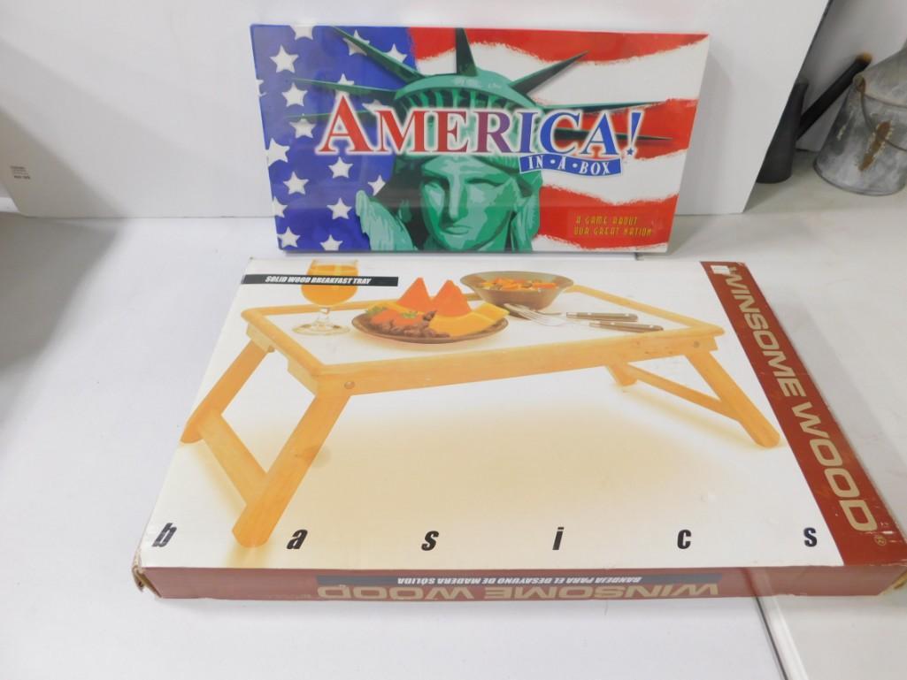 Unopened America in a Box Game , Invisible Wood Lap: Unopened America in a Box Game , Invisible Wood Lap Table in original box but has been opened