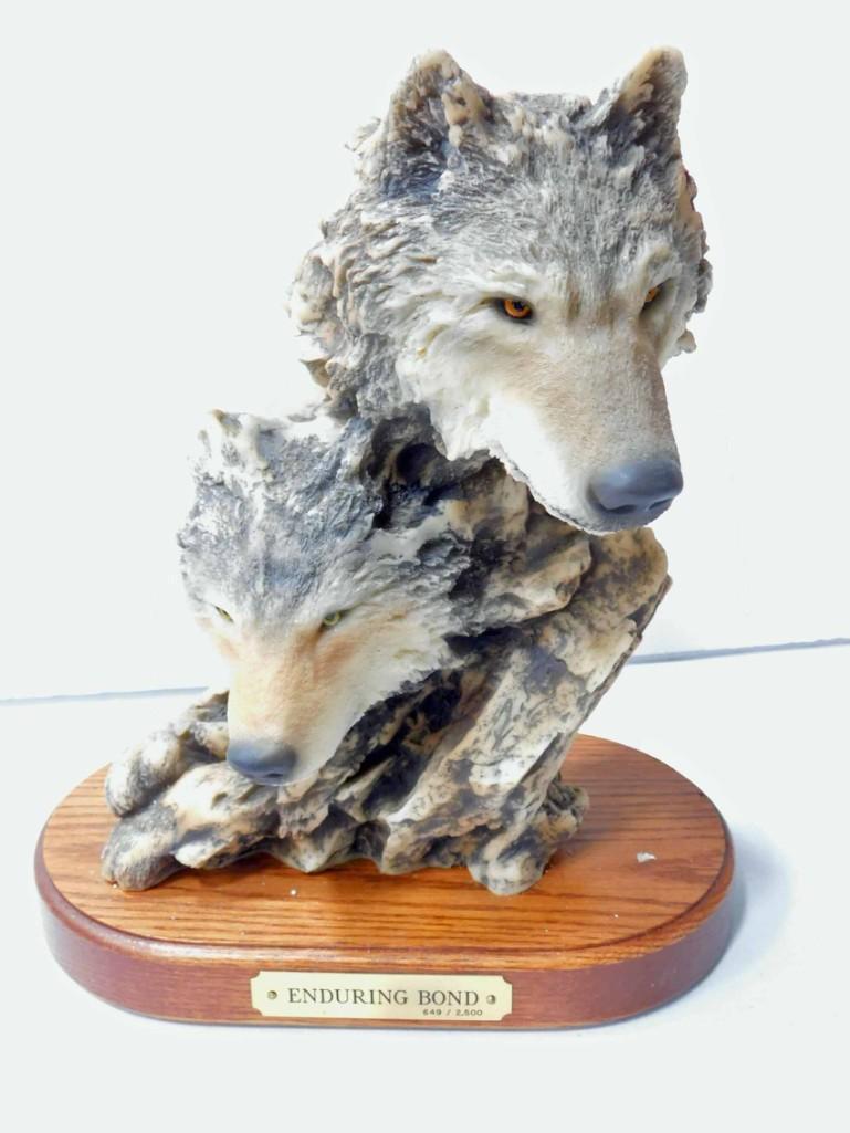 Signed Wolf Statue 649/2500 Enduring Bond: Wolf Statue 649/2500 Enduring Bond approx 11.5" tall Hand Signed Randy Reading Condition: small chip on back