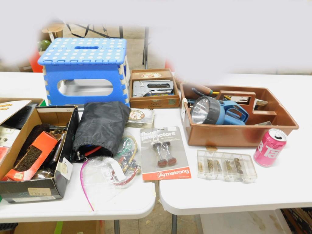 Misc Lot incl Staple Gun , Shoe Brushes and Polishers,: Misc Lot incl Staple Gun , Shoe Brushes and Polishers, Bungee Cords, Floor Protector Set , Drill Bits , Flashlight , Garden Tools , Collapsible Step Stool