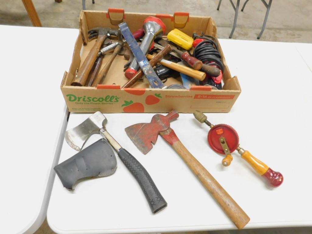 Lot of Tools incl 2 Hatchets , Hand Crank Drill , (1 of 3)