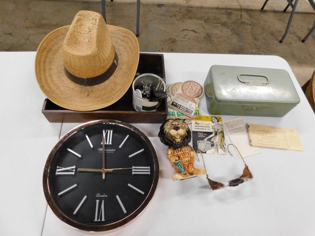 Vintage Lot incl Glasses , Hubert the Harris Bank Lion: Vintage Lot incl Glasses , Hubert the Harris Bank Lion , Ephemera , Westminster Quartz Clock , Metal Tin , etc