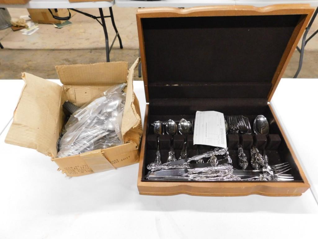 Wood Box of Flatware and Extra Flatware: Wood Box of Oneida Flatware and Extra Assorted Flatware