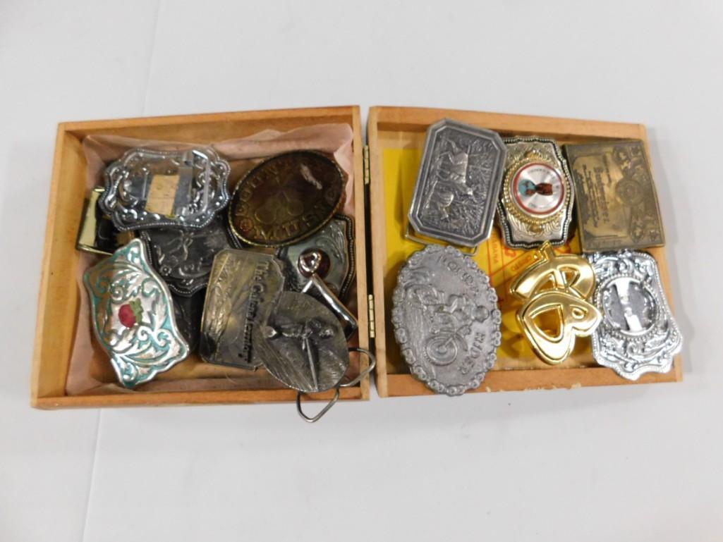Cigar Box Full of Belt Buckles , Assorted Companies and: Cigar Box Full of Belt Buckles , Assorted Companies and Designs incl Budweiser