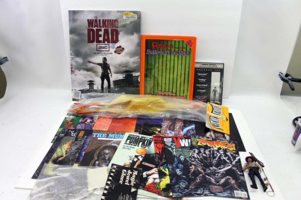 Scary and Bizarre Lot incl The Walking Dead 40 Poster: Scary and Bizarre Lot incl The Walking Dead 40 Poster Collection Book 12'x16" , Rick Grimes Action Figure, 19 Scary Comic Books incl Ghost Rider, Zombies, The Witching Hour, etc., Rubber Chick