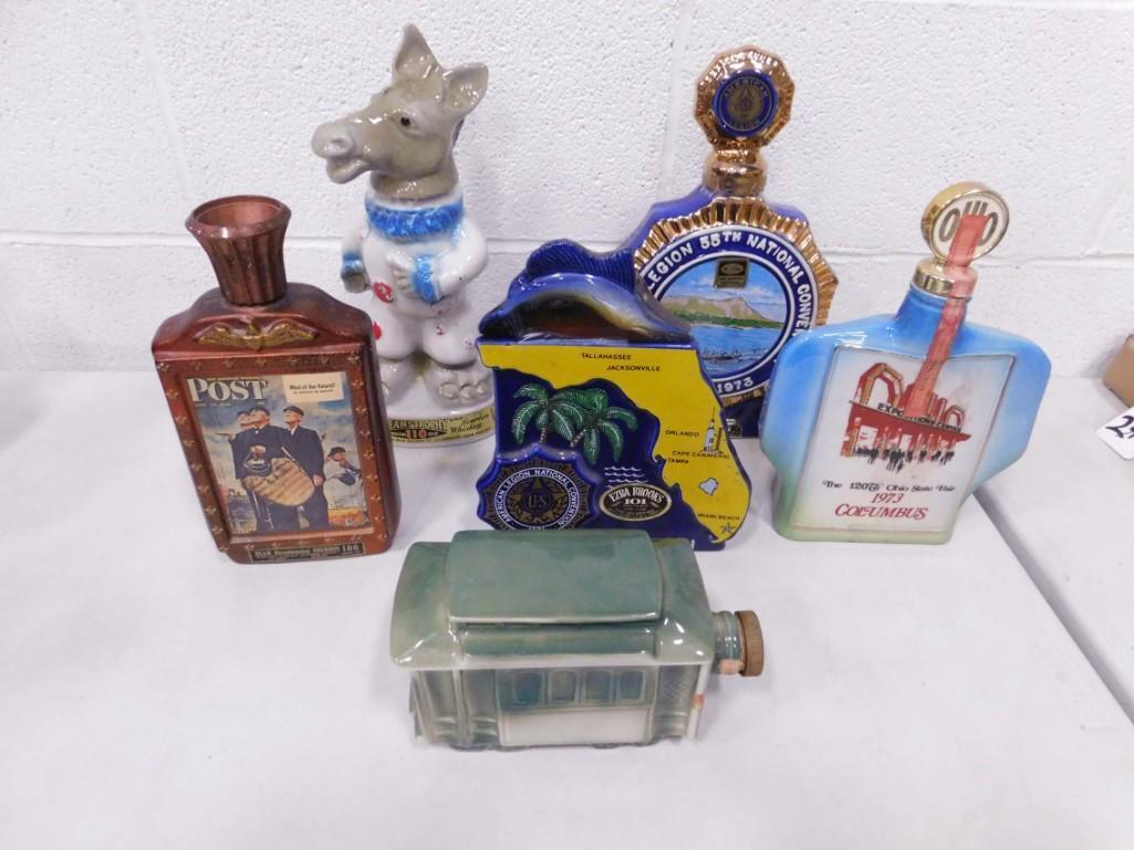 Lot of 6 Decanters incl Trolley , Donkey , American: Lot of 6 Decanters incl Trolley , Donkey , American Legion , etc EMPTY