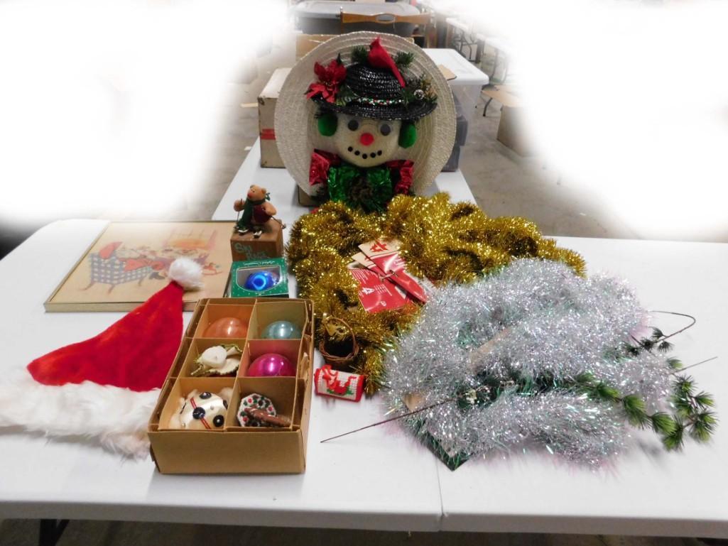 Christmas Lot incl Vintage Mercury Glass Ornaments ,: Christmas Lot incl Vintage Mercury Glass Ornaments , Garland , Snowman Decoration, Etc