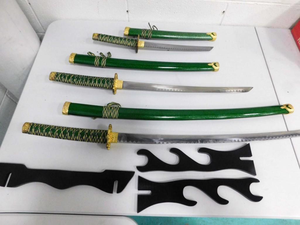 Set of 3 Swords with Stand , Green , with Sheaths or (1 of 5)