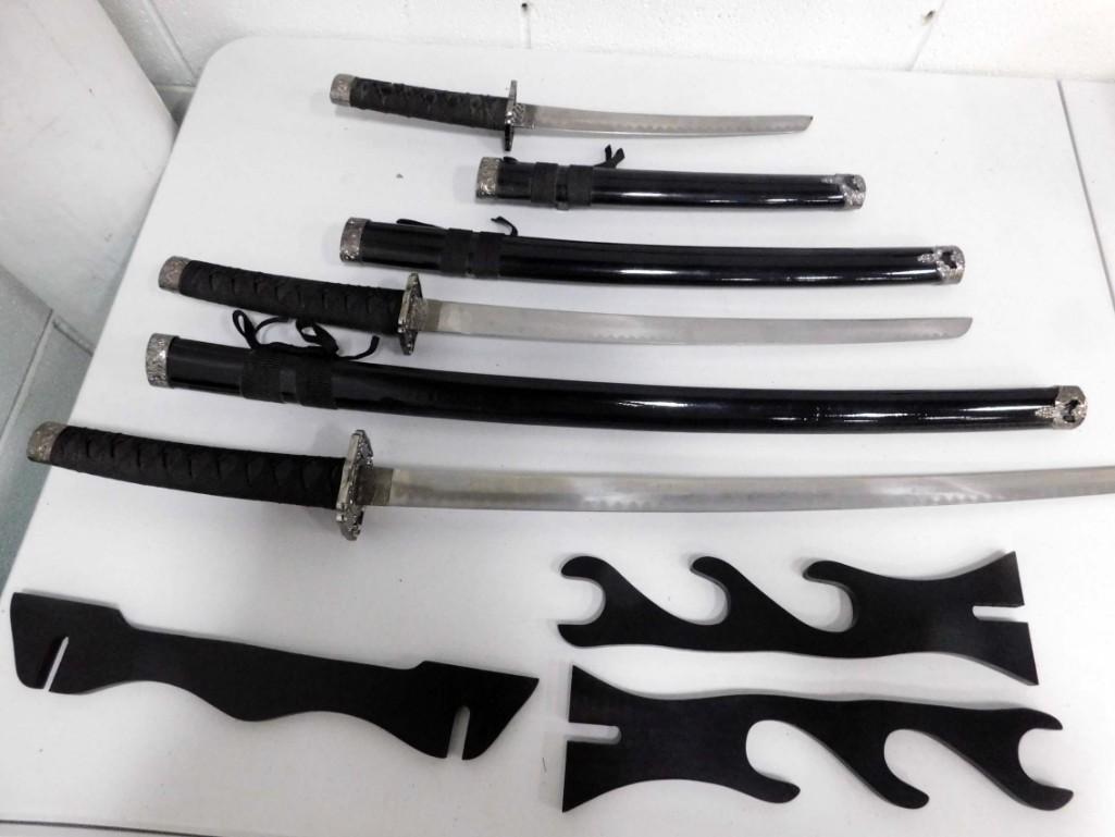 Set of 3 Swords with Stand , Black , with Sheaths or (1 of 6)